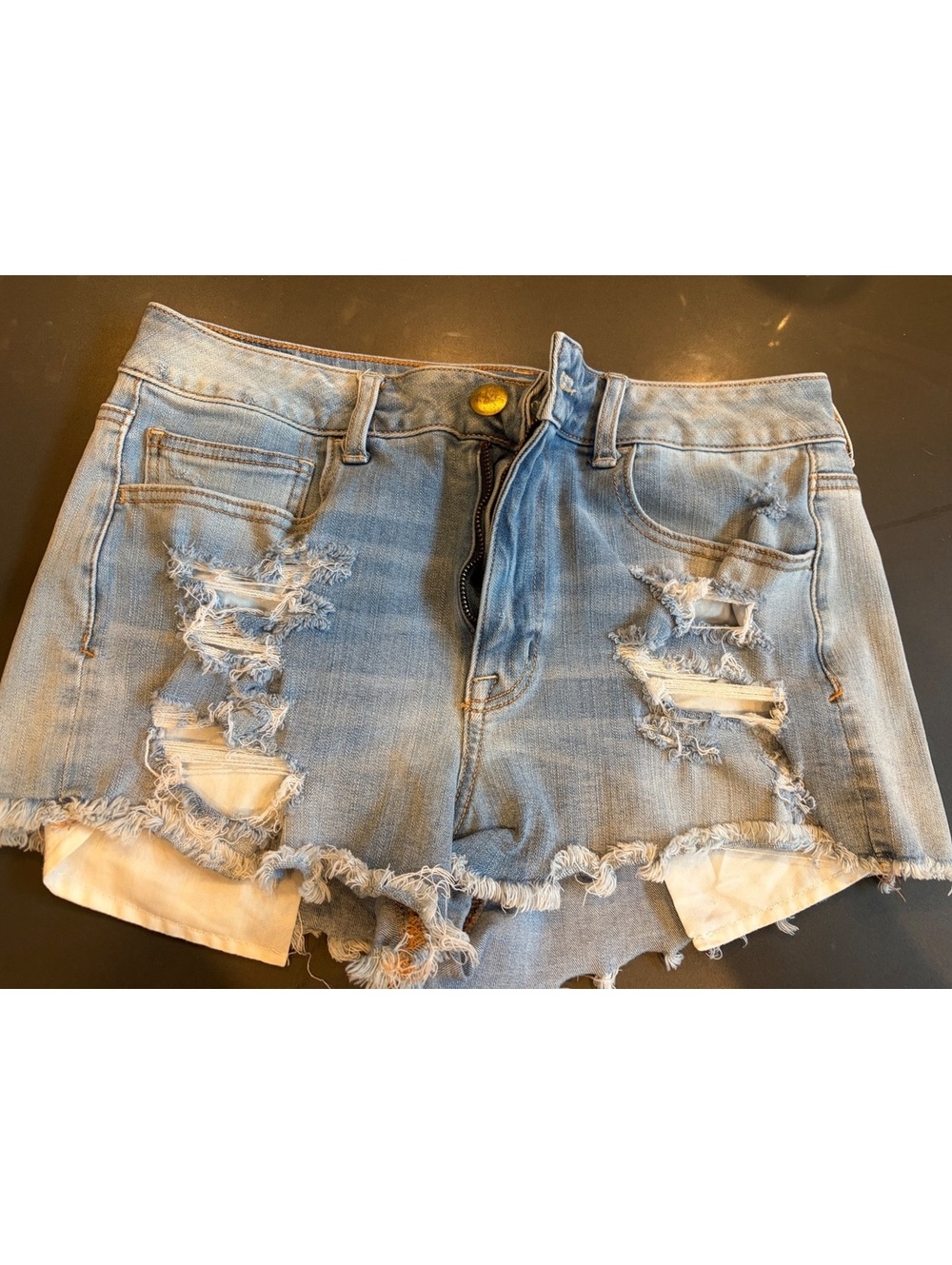 American Eagle Hi-Rise Shortie Denim Shorts Size 12 Distressed Light Wash Stretc